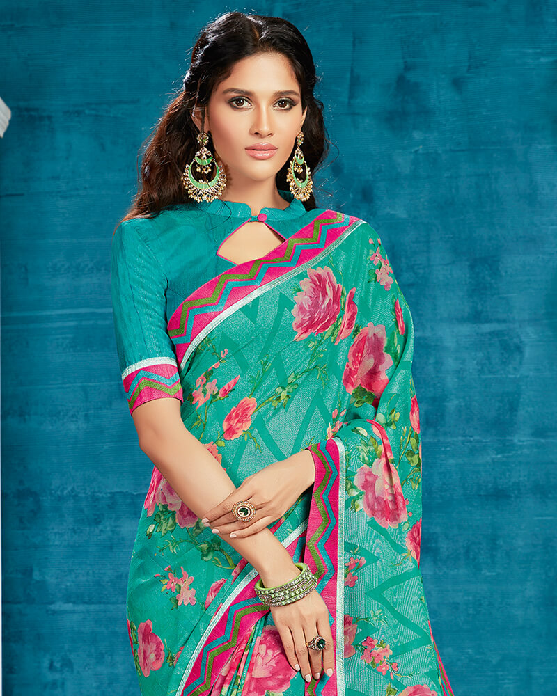 Vishal Prints Rama Green And Rani Brasso Saree With Printed Satin Border