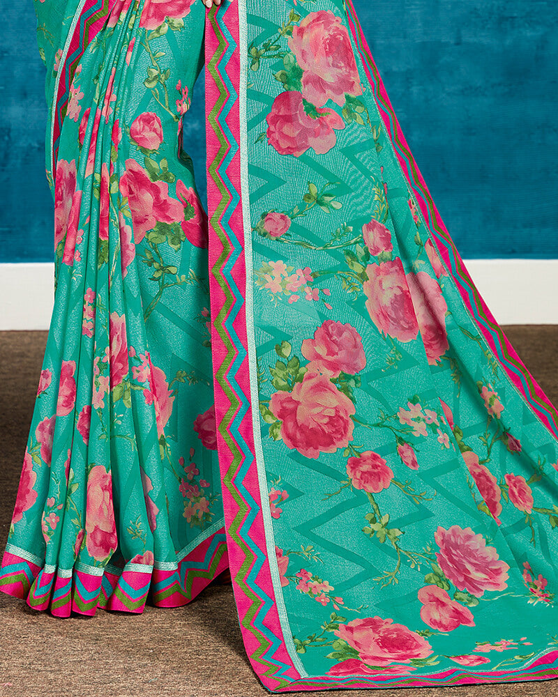 Vishal Prints Rama Green And Rani Brasso Saree With Printed Satin Border