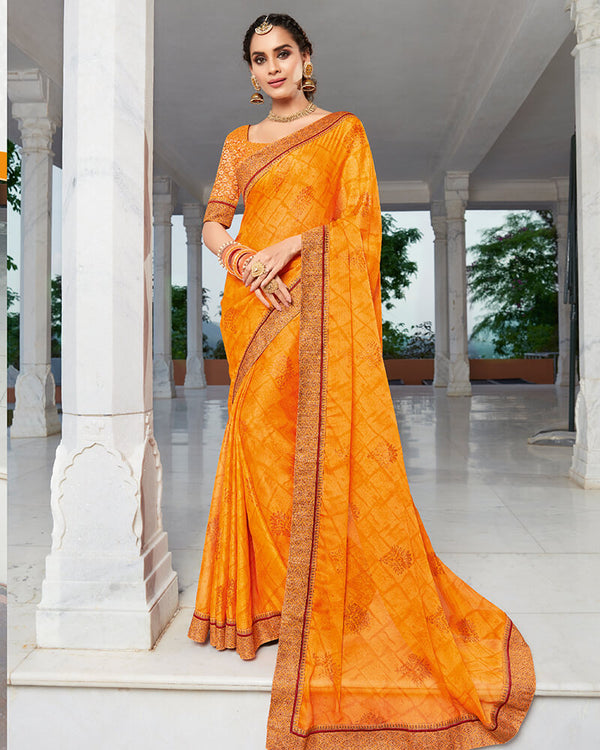 Vishal Prints Orange Chiffon Saree With Foil Print And Jari Border