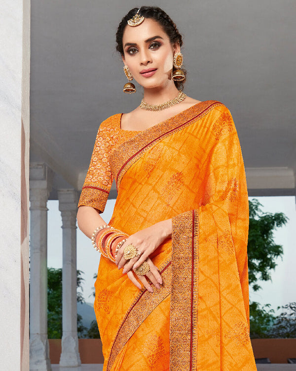 Vishal Prints Orange Chiffon Saree With Foil Print And Jari Border