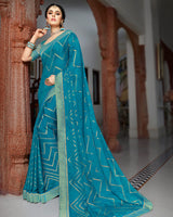 Vishal Prints Turq Blue Chiffon Saree With Foil Print And Jari Border