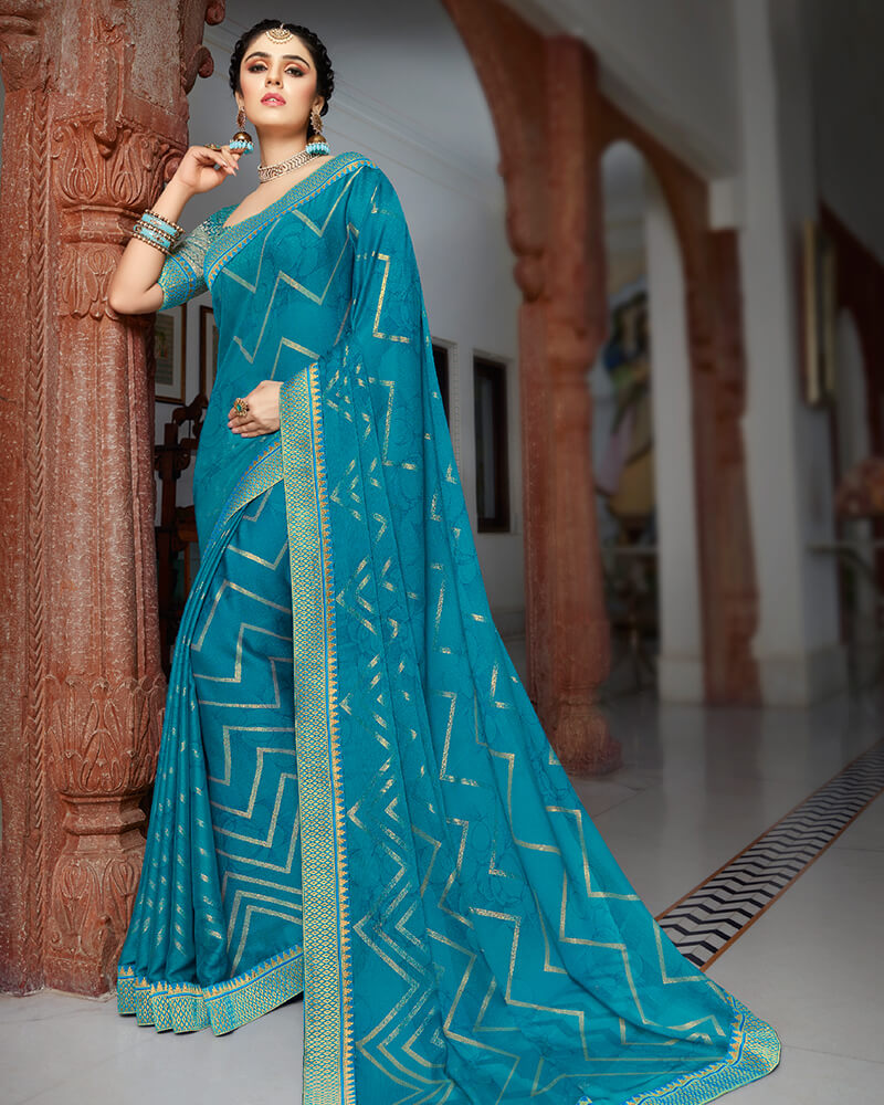 Vishal Prints Turq Blue Chiffon Saree With Foil Print And Jari Border