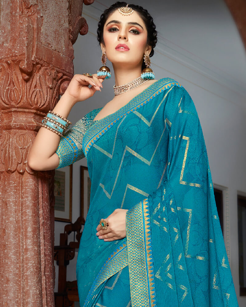 Vishal Prints Turq Blue Chiffon Saree With Foil Print And Jari Border