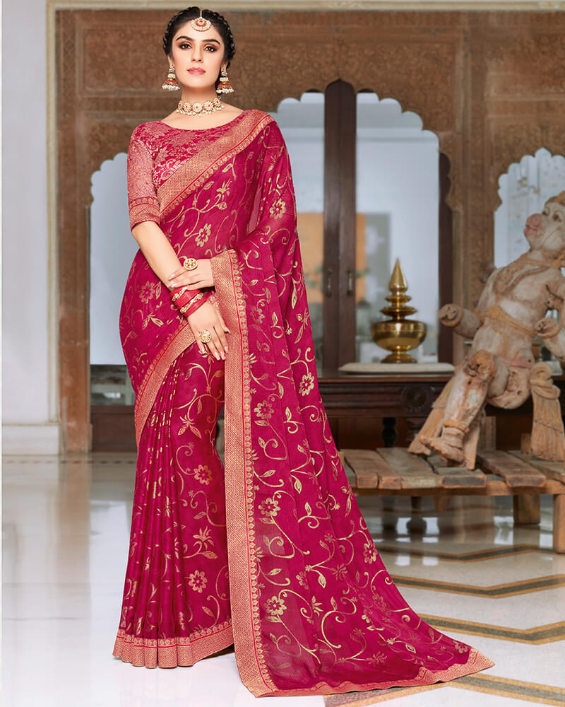 Vishal Prints Cherry Pink Chiffon Saree With Foil Print And Jari Border