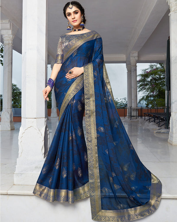Vishal Prints Navy Blue Chiffon Saree With Foil Print And Jari Border