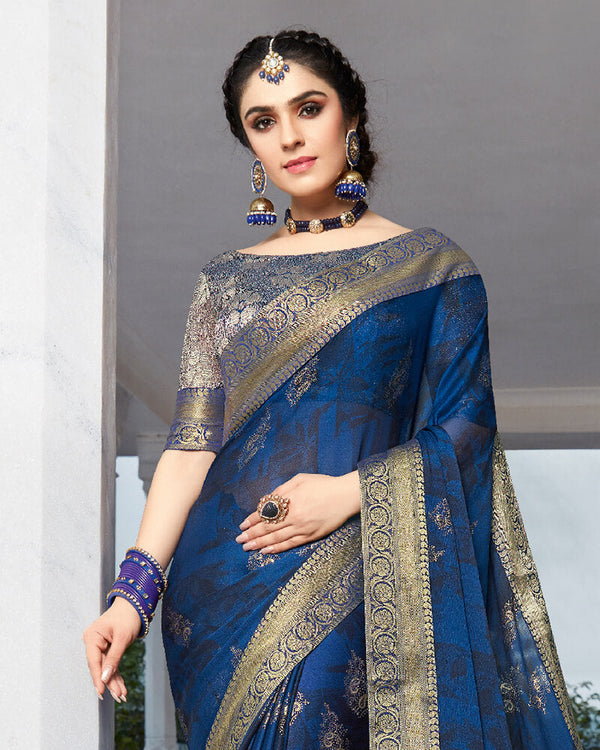 Vishal Prints Navy Blue Chiffon Saree With Foil Print And Jari Border