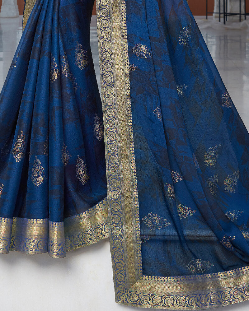 Vishal Prints Navy Blue Chiffon Saree With Foil Print And Jari Border
