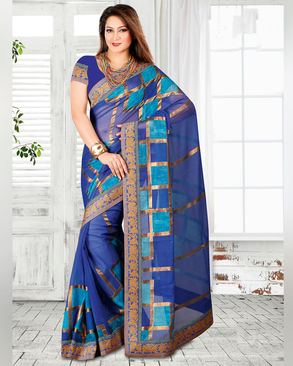 Vishal Prints Ink Blue Brasso Saree With Foil Print And Jari Border