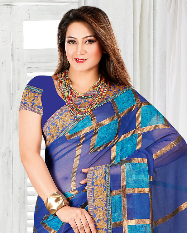 Vishal Prints Ink Blue Brasso Saree With Foil Print And Jari Border