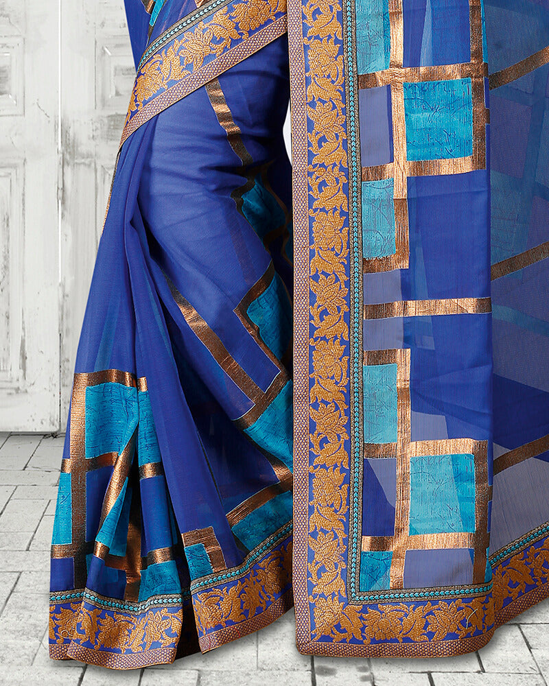Vishal Prints Ink Blue Brasso Saree With Foil Print And Jari Border