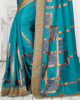 Vishal Prints Turquoise Blue Brasso Saree With Foil Print And Jari Border