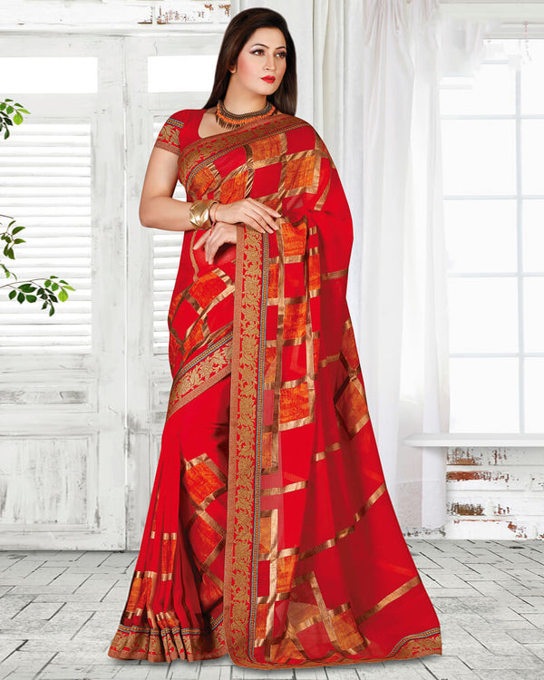 Vishal Prints Red Brasso Saree With Foil Print And Jari Border