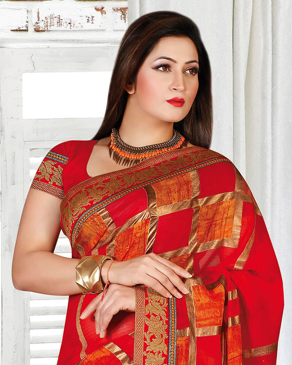 Vishal Prints Red Brasso Saree With Foil Print And Jari Border