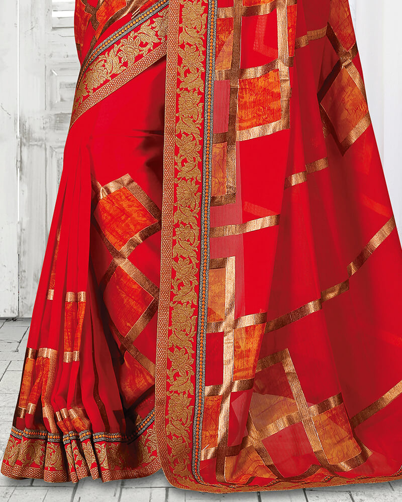 Vishal Prints Red Brasso Saree With Foil Print And Jari Border