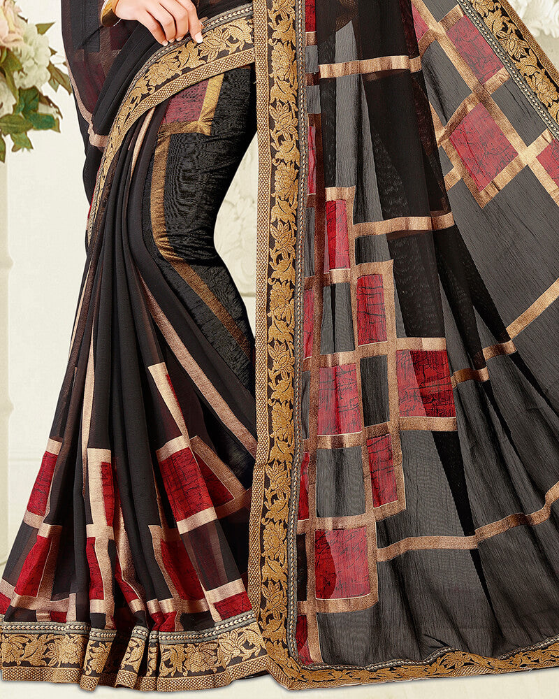 Vishal Prints Black Brasso Saree With Foil Print And Jari Border