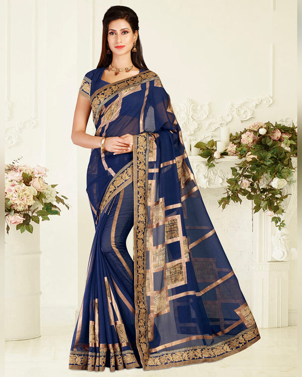 Vishal Prints Ink Blue Brasso Saree With Foil Print And Jari Border