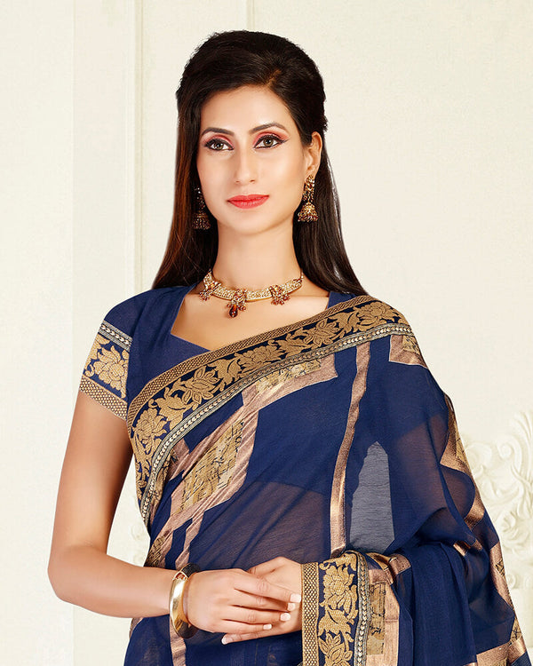 Vishal Prints Ink Blue Brasso Saree With Foil Print And Jari Border