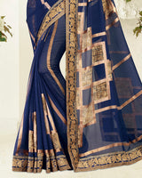 Vishal Prints Ink Blue Brasso Saree With Foil Print And Jari Border