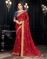Vishal Prints Red Chiffon Saree With Foil Print And Jari Border