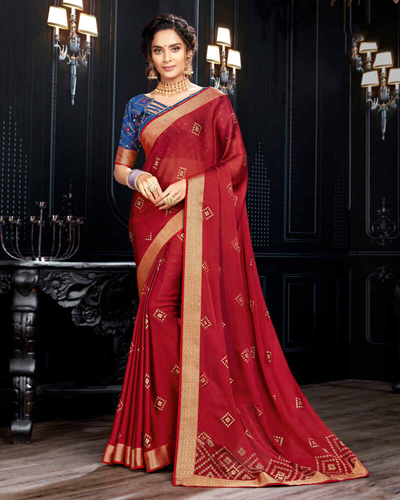 Vishal Prints Red Chiffon Saree With Foil Print And Jari Border