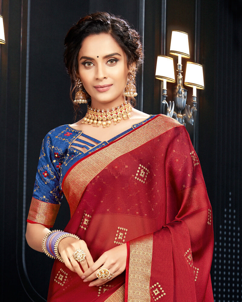 Vishal Prints Red Chiffon Saree With Foil Print And Jari Border