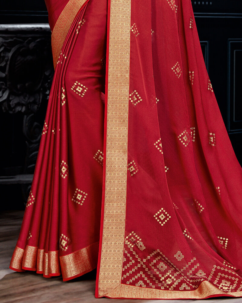 Vishal Prints Red Chiffon Saree With Foil Print And Jari Border