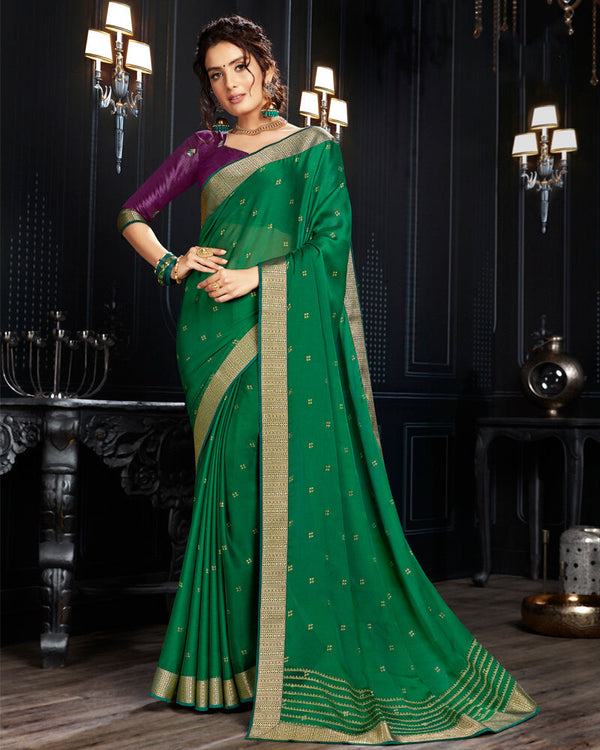 Vishal Prints Green Chiffon Saree With Foil Print And Jari Border