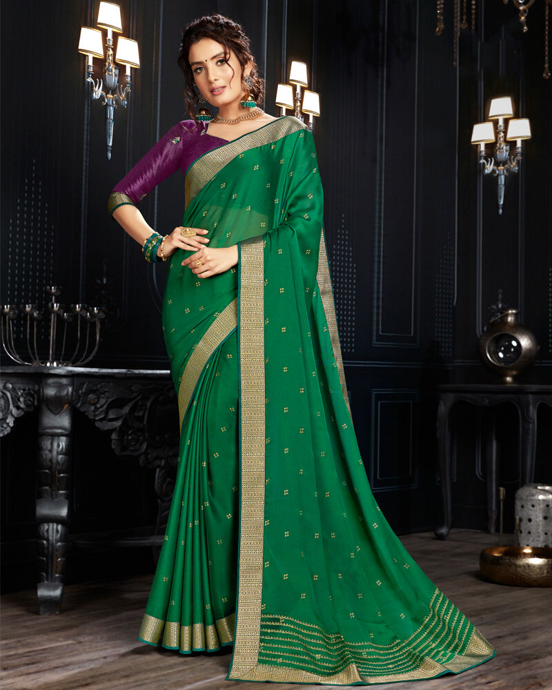 Vishal Prints Green Chiffon Saree With Foil Print And Jari Border