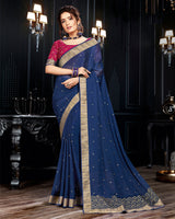 Vishal Prints Blue Chiffon Saree With Foil Print And Jari Border