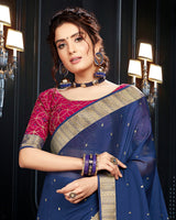 Vishal Prints Blue Chiffon Saree With Foil Print And Jari Border