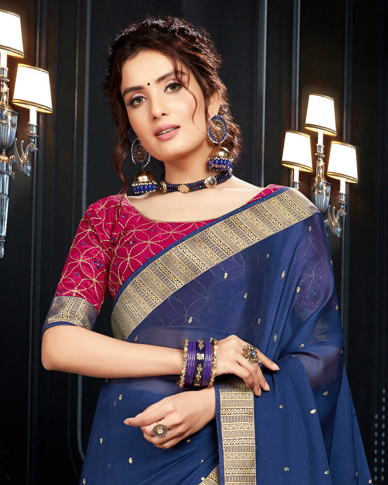 Vishal Prints Blue Chiffon Saree With Foil Print And Jari Border