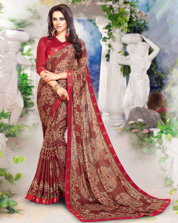 Vishal Prints Maroon And Cream Crepe Saree With Jari Border