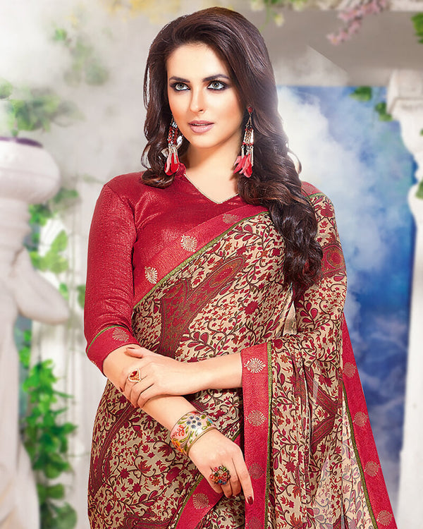 Vishal Prints Maroon And Cream Crepe Saree With Jari Border