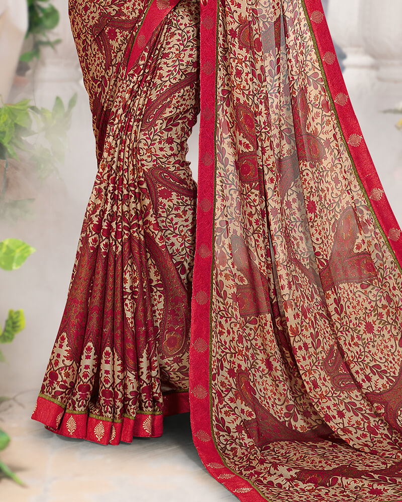 Vishal Prints Maroon And Cream Crepe Saree With Jari Border