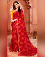 Vishal Prints Dark Red Printed Chiffon Saree With Piping