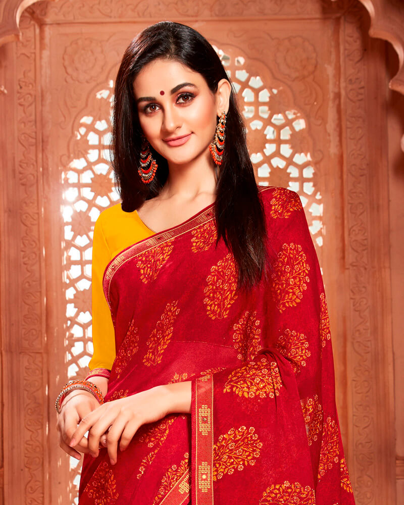 Vishal Prints Dark Red Printed Chiffon Saree With Piping
