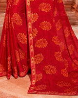 Vishal Prints Dark Red Printed Chiffon Saree With Piping