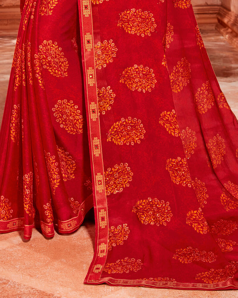 Vishal Prints Dark Red Printed Chiffon Saree With Piping