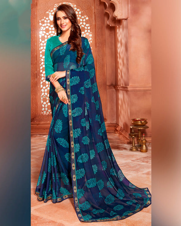 Vishal Prints Ink Blue Printed Chiffon Saree With Piping