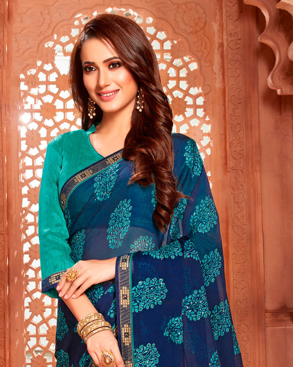 Vishal Prints Ink Blue Printed Chiffon Saree With Piping