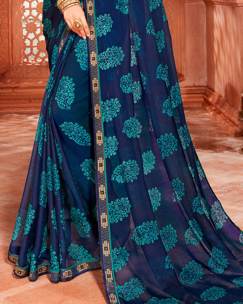 Vishal Prints Ink Blue Printed Chiffon Saree With Piping