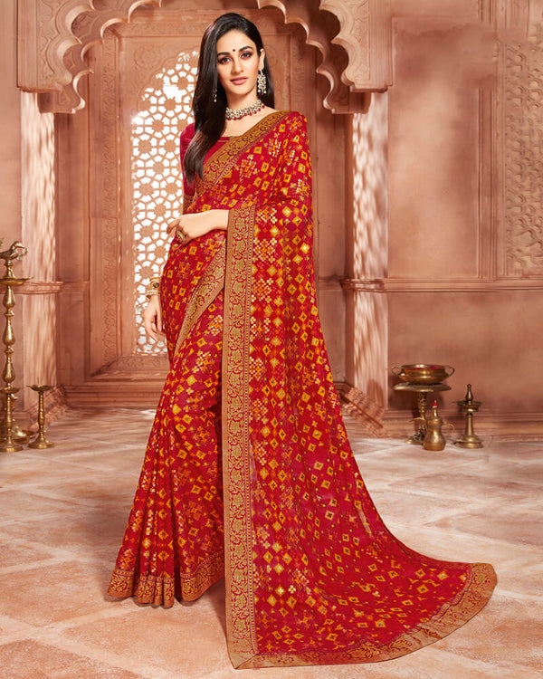 Vishal Prints Dark Red Brasso Saree With Foil Print And Jari Border