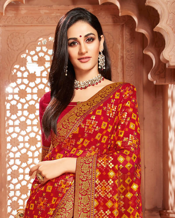 Vishal Prints Dark Red Brasso Saree With Foil Print And Jari Border