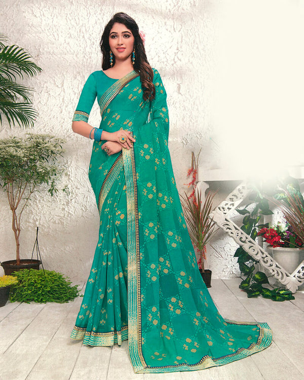 Vishal Prints Rama Green Brasso Saree With Foil Print And Jari Border