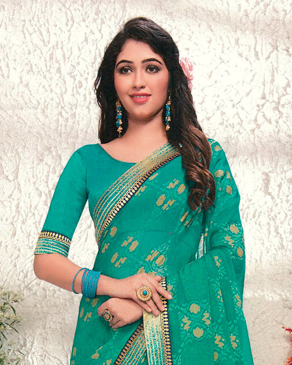 Vishal Prints Rama Green Brasso Saree With Foil Print And Jari Border