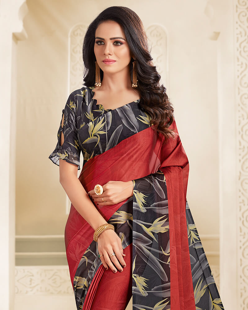 Vishal Prints Maroon And Black Digital Print Chiffon Saree