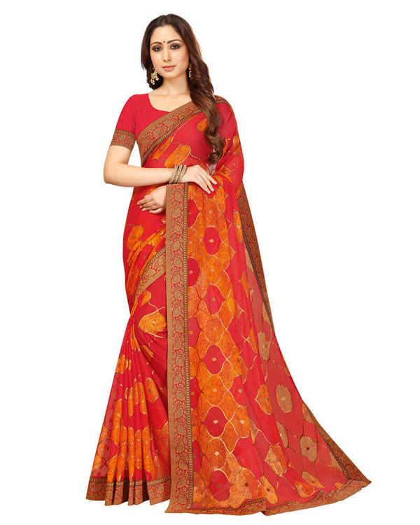 Vishal Prints Cherry Red Brasso Saree With Foil Print And Jari Border