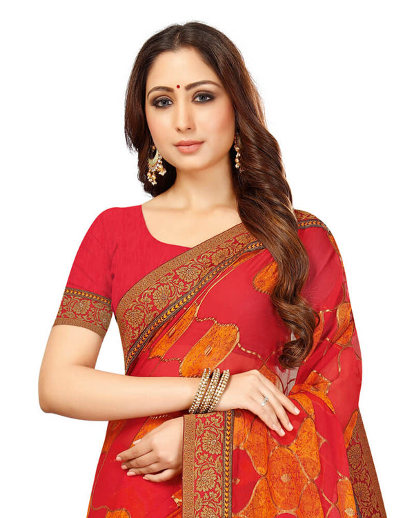 Vishal Prints Cherry Red Brasso Saree With Foil Print And Jari Border