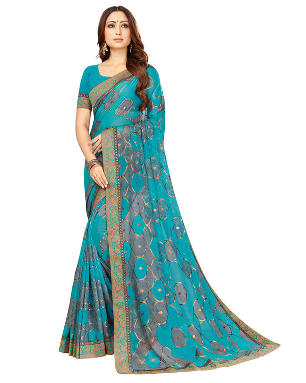 Vishal Prints Dark Turquoise Blue Brasso Saree With Foil Print And Jari Border