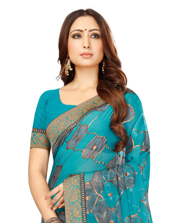 Vishal Prints Dark Turquoise Blue Brasso Saree With Foil Print And Jari Border